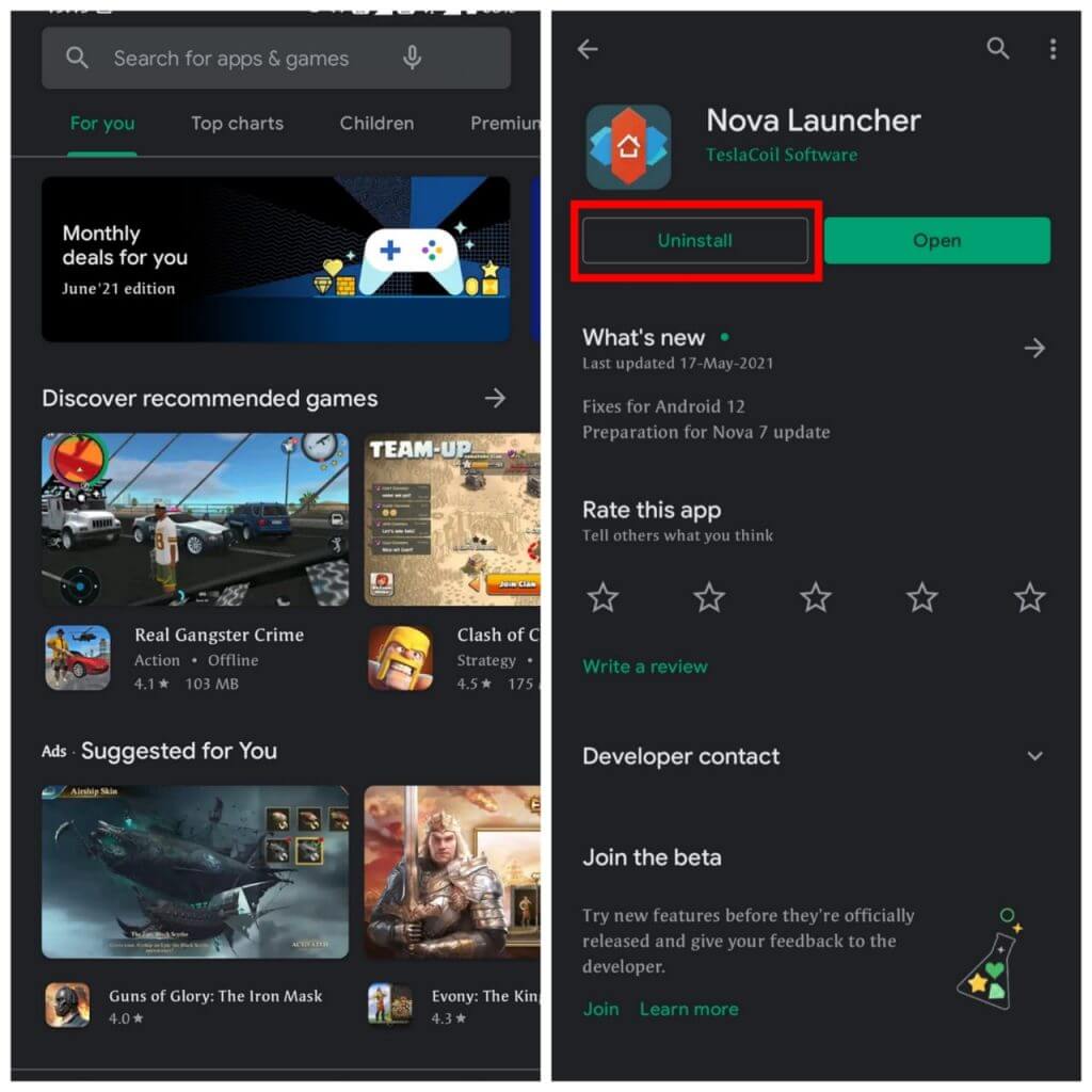 uninstall nova launcher first method
